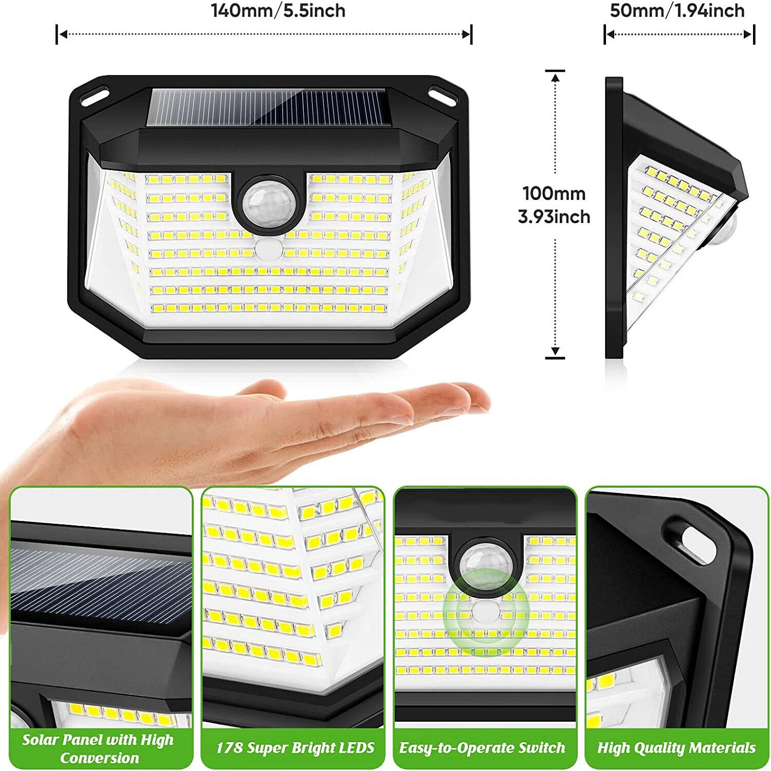 Imagem -06 - Luz de Parede Solar ao ar Livre para Jardim Impermeável com Sensor de Movimento Lâmpada Externa Recarregável Iluminação Pública 178 Led