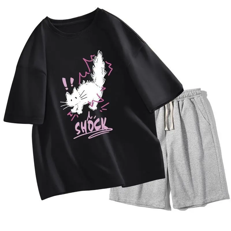 

Men's 2026 Summer New Cute Printed T-shirt Set with Cat Pattern Trendy Brand Breathable Men's Clothing Outer Outfit Set