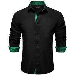 Black Solid Men's Shirt Long Sleeve with Golden Color Collar Pin Casual Social Buinesss Dress Shirts for Party Men Clothing