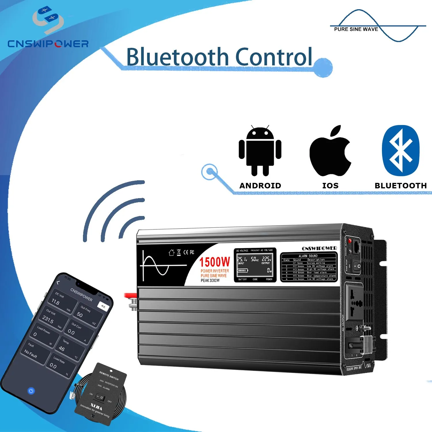 Inversor de 1500w dc 12v 24v 48v para ac 110v 220v Onda Senoidal Pura Inversor de Energia Solar Controle Blutooth Novo