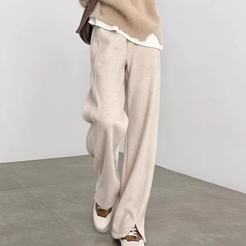 秋冬レディースヘリンボーンフリース裏地パンツカジュアル弾性ウエストストレートスリムフィットレギンスズボン男性服