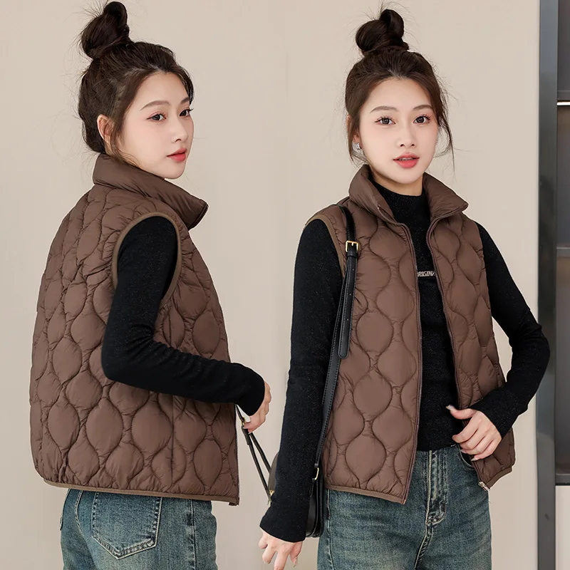

Parkas Vest Coats Women Short Solid Jacket Zipper Pocket Stand Collar Sleeveless Loose Fit Casual Office Lady 2025 Autumn Winter