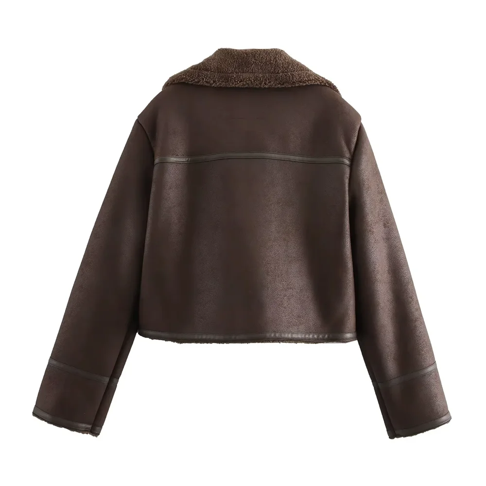 PB&ZA2024 Autumn/Winter New Product: Leather and Fur Integrated Double sided Collar Long Sleeve Short Cotton Jacket Coat