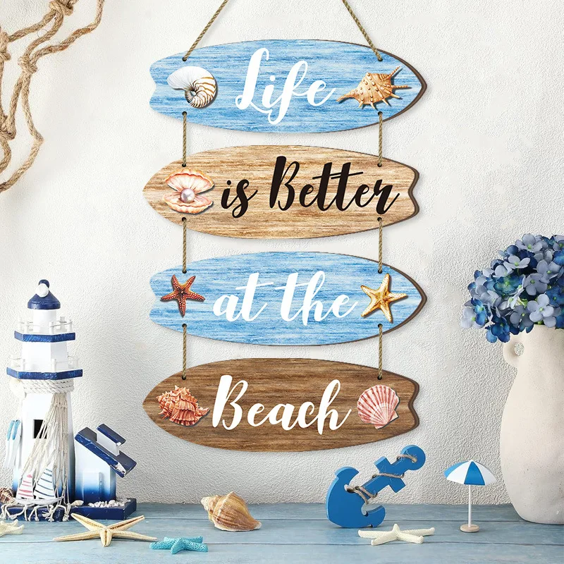 Popular decoración de pared del océano de verano, listado de madera para playa, colgante de tabla de surf con tema de playa