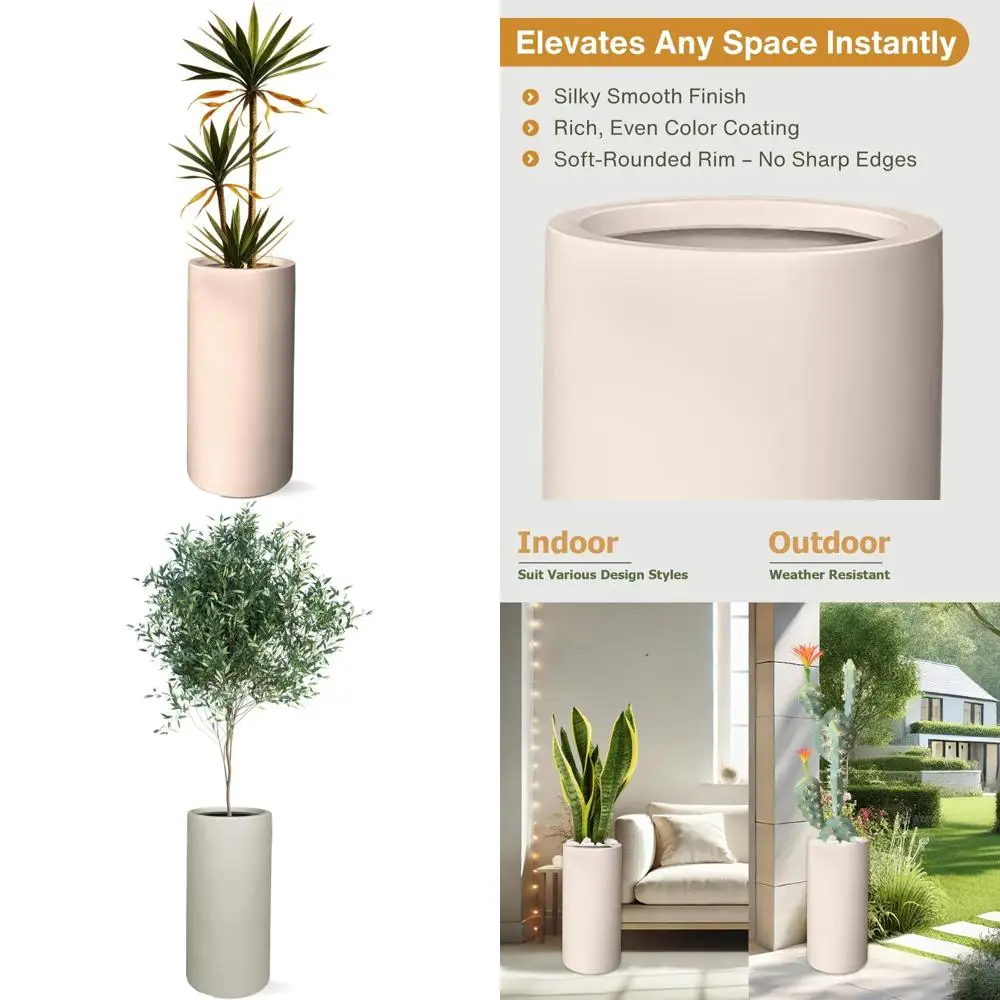

Tall Cylinder Planter with Drainage, Smooth Finish, Suitable for Indoor and Outdoor, 19.5 High x 9.8 Diameter, Includes 2