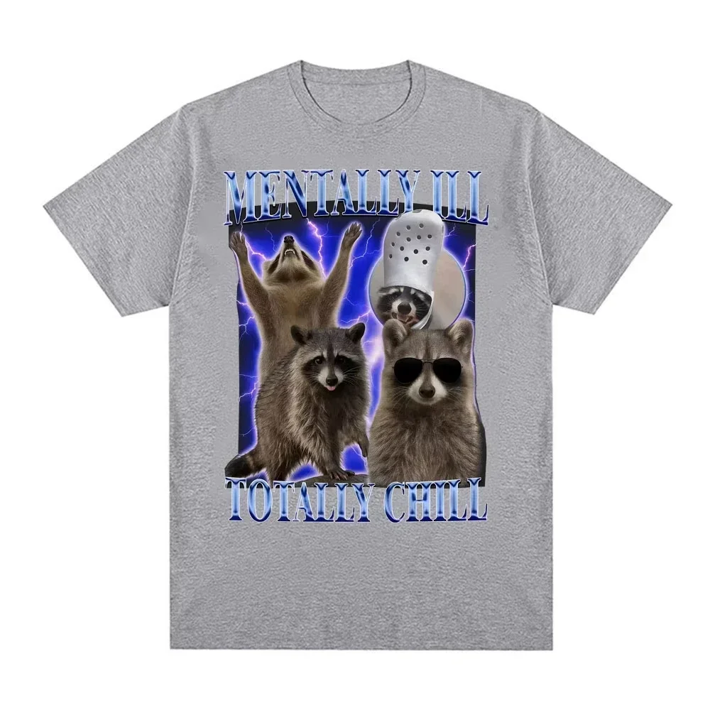 Mentally Ill Totally Chill Funny Raccoon Meme T-shirt Women Clothing Vintage Graphic T Shirt Summer Tops O-NeckTees Graphic Y2K