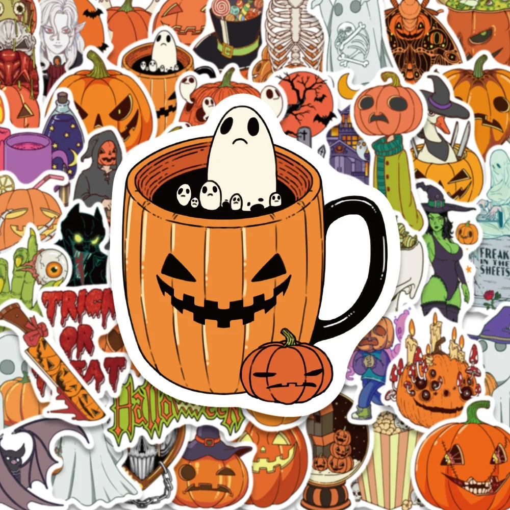 50PCS Fun Colorful Halloween Pumpkin Sticker Pumpkin Ghost Cup Candy Jar Celebrating Holiday Gift DIY Cup Phone Book Guitar