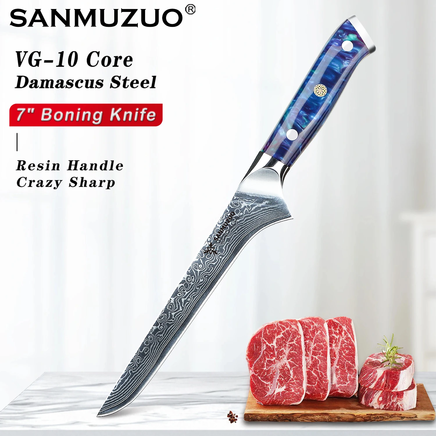 

SANMUZUO Boning Knife - 7 inch Fillet Knife- Xuan Series - VG10 Damascus Steel Kitchen Meat Cutting Knife - Resin Handle(BLUE)