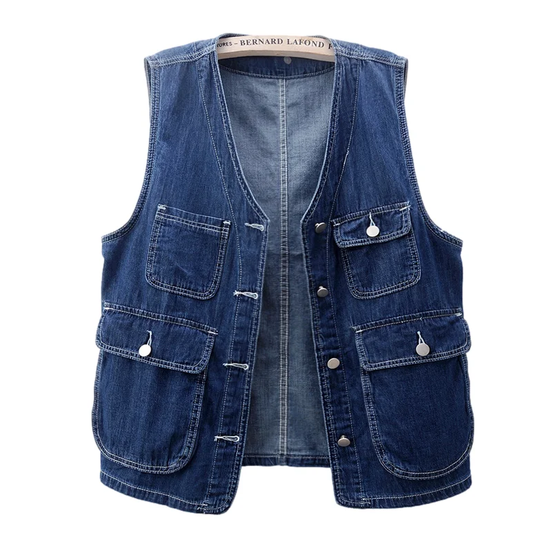 Korean Vintage Dark Blue Big Pocket Denim Vest Women Loose Mid Long Cowboy Waistcoat Casual Sleeveless Jeans Jacket Coat Female