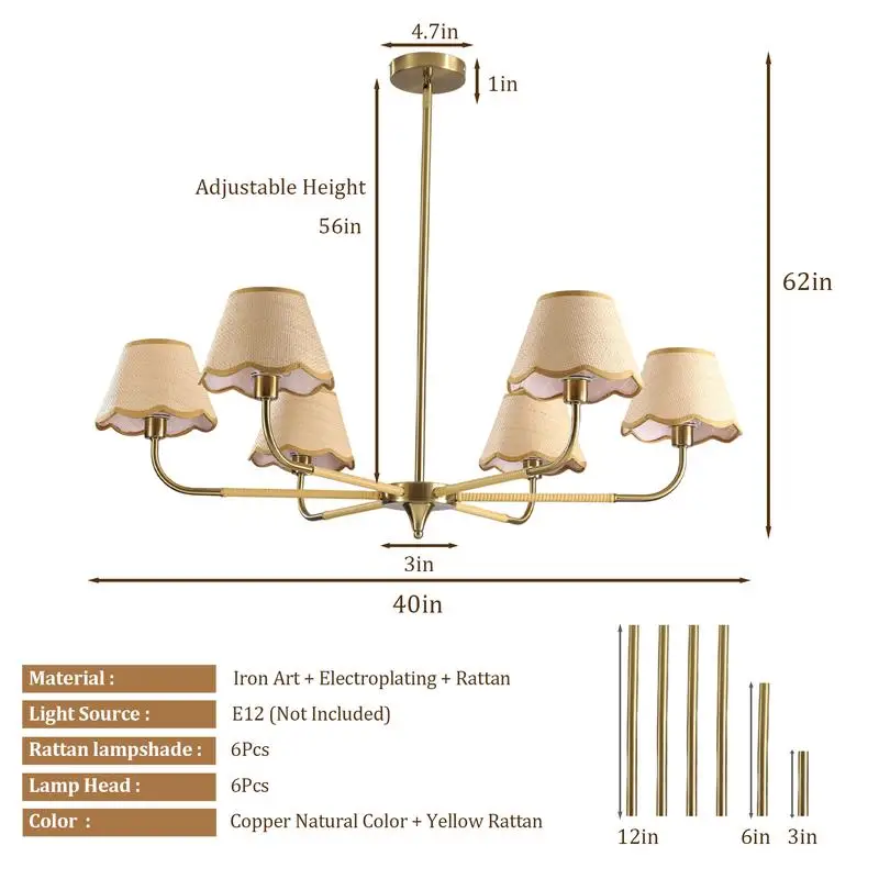 ثريا ذهبية مقاس 38 بوصة مكونة من 6 مصابيح مع غطاء من الروطان، تركيبات إضاءة متدلية لمنتصف القرن لغرفة الطعام أو غرفة المعيشة أو المطبخ (لمبة)