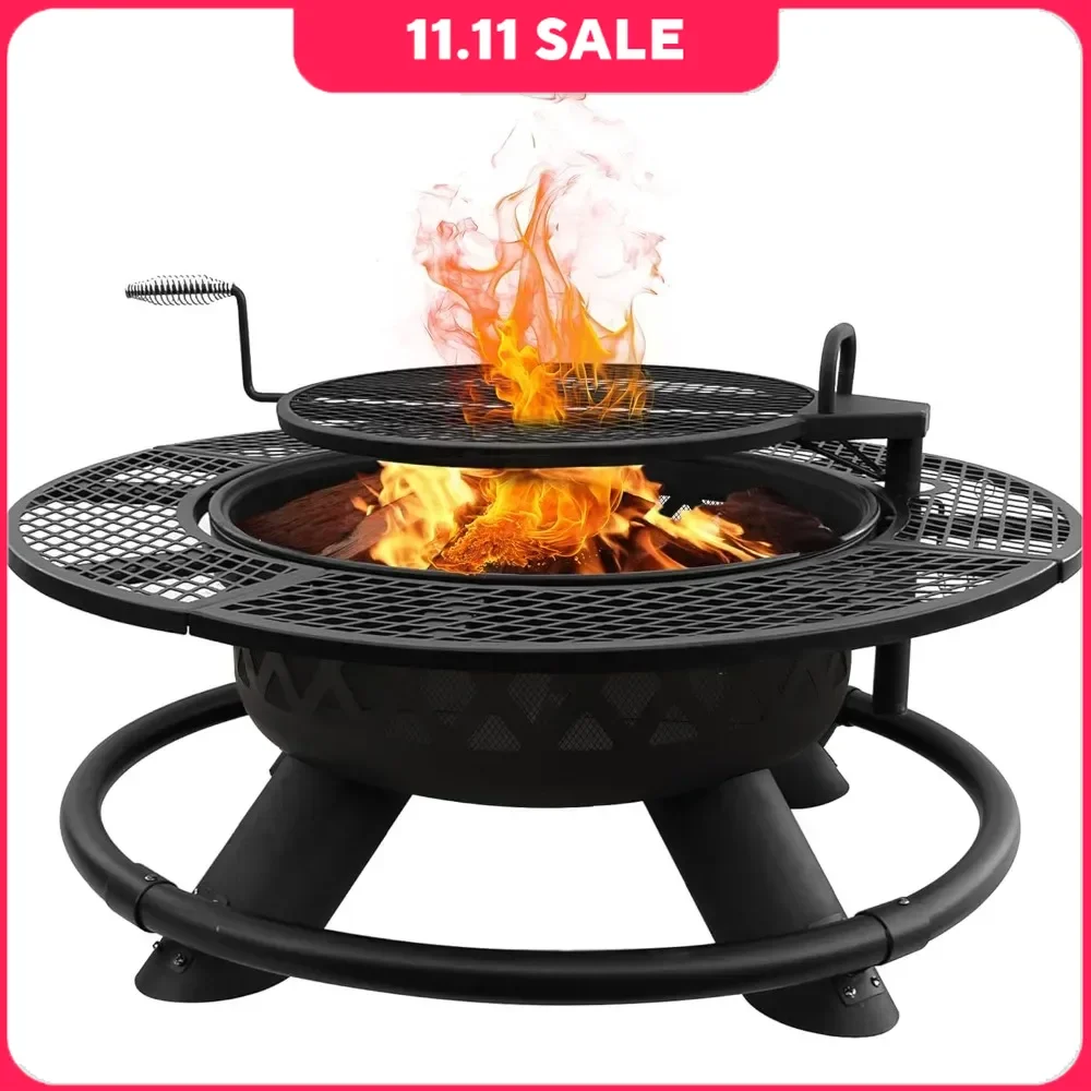 Gas Fire Pit Table 47-inch with Adjustable Grill, Outdoor Fireplaces, Large Wood Burning Patio Fire Pits