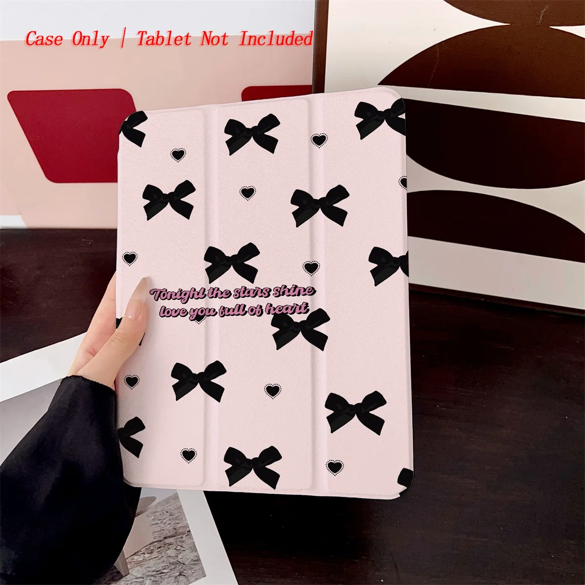 

Чехол для iPad Sweet Pink Background + Black Bows & Black Hearts для Apple iPad Pro 11/12,9 Air 3/4/5 Mini 5/6 8/9/10-го поколения