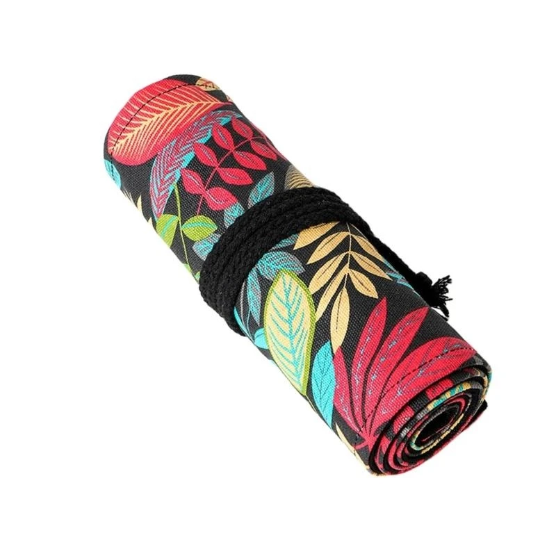 12/24/36/48/72 Holes Pencils Roll Leaves Print Pencil Large Capacity Rolling Pencil Case for Coloring Pencil