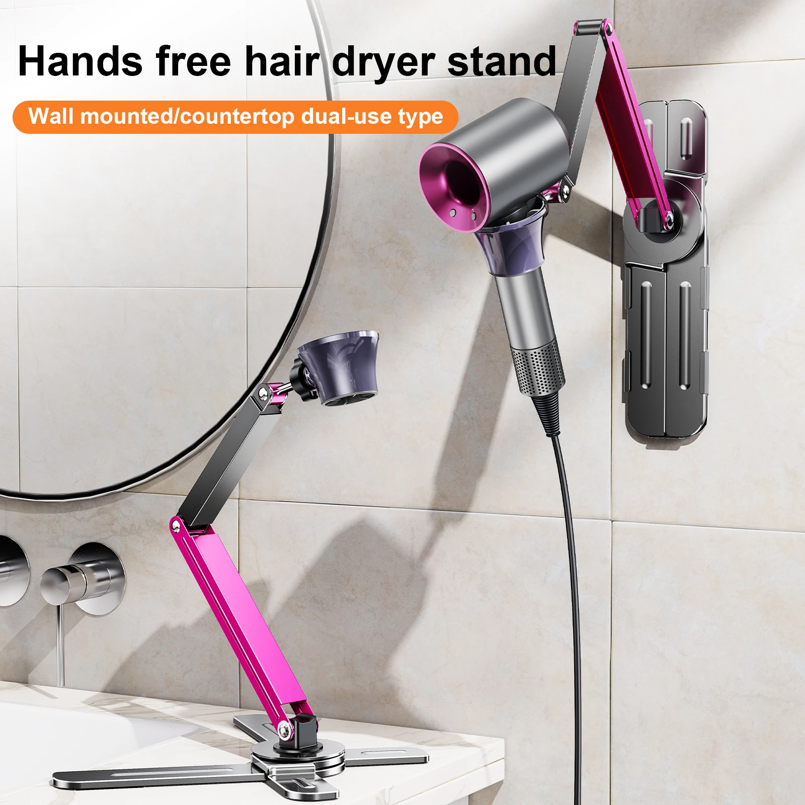 Eary Metal Hair Dryer Holder Wall Mounted Height Angle Adjustable Stand Versatile Free Hands Universal Convenience Furniture