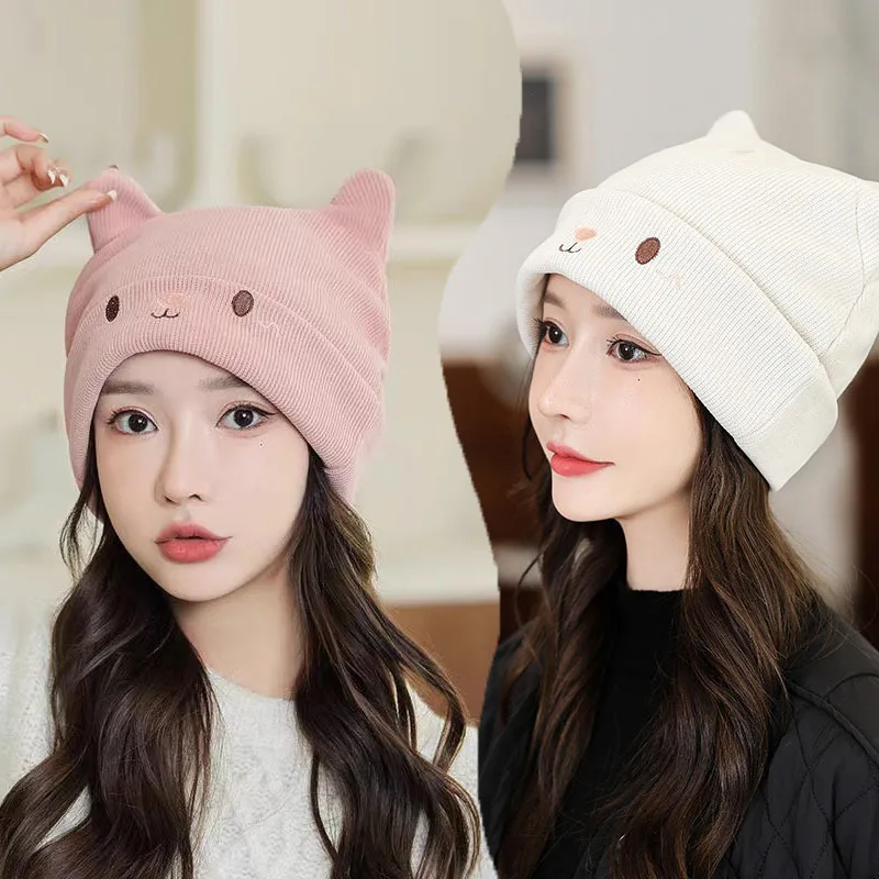 Autumn and Winter South Korea Knitted Woolen Cap Confinement Cap Female Postpartum Cute Hat Warm Pullover Cap Female Cartoon Cat