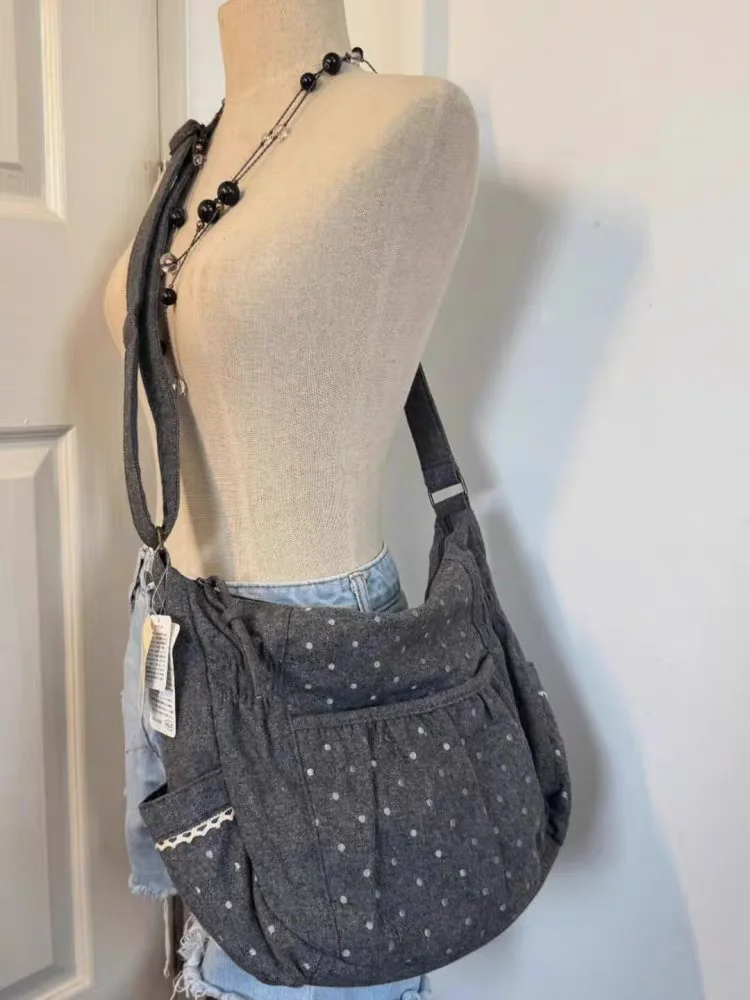 

Casual Chic Polka Dot Canvas Tote Bag 2025 New Lazy Sle Large Capaci Crossbody Commuter Bag for Women Dumpling ape