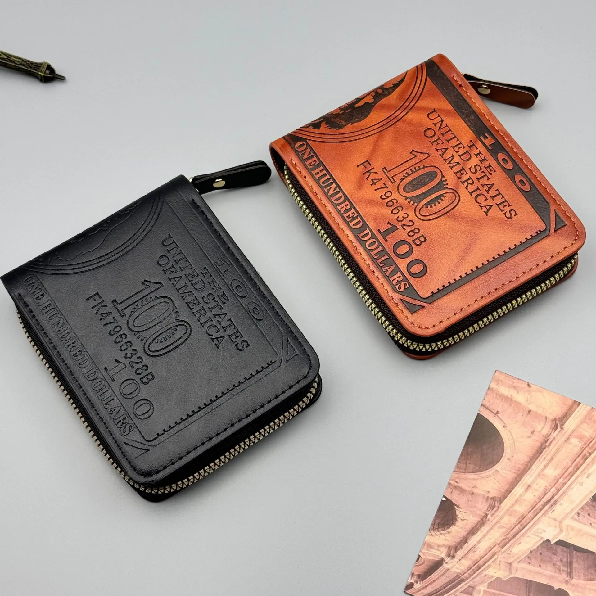 محفظة رجالية بسحاب مع 100 دولار أمريكي، محفظة جلدية للرجال مع حامل بطاقة، محفظة جيب للعملات المعدنية، هدية عيد الميلاد