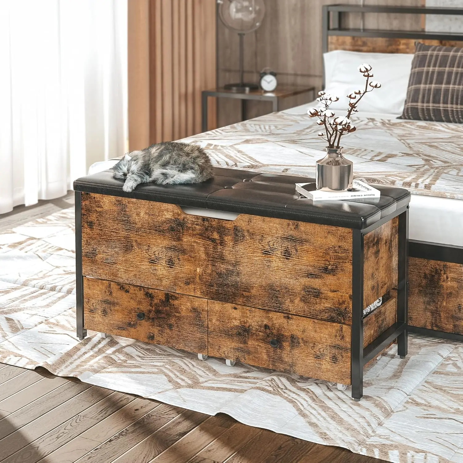 مقعد تخزين خشبي عتيق مع سطح قابل للطي وأدراج، يدعم 320 رطلاً لغرفة النوم أو غرفة المعيشة