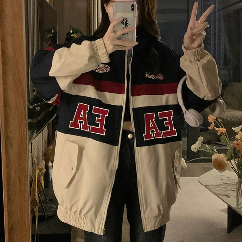 Women Oversize Jacket American Retro Casual High Street Loose Baseball Uniform Female Autumn Winter Letter Patchwork Outwear