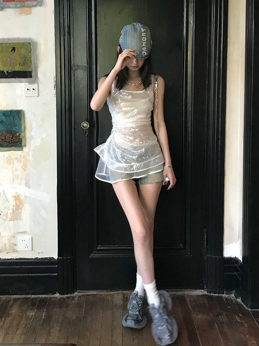 RORORIRI See Through White Sequin Top Women Shirred Square Neck Sleeveless Slim Fit Tank Top Summer Vintage Grayu Y2k Streetwear