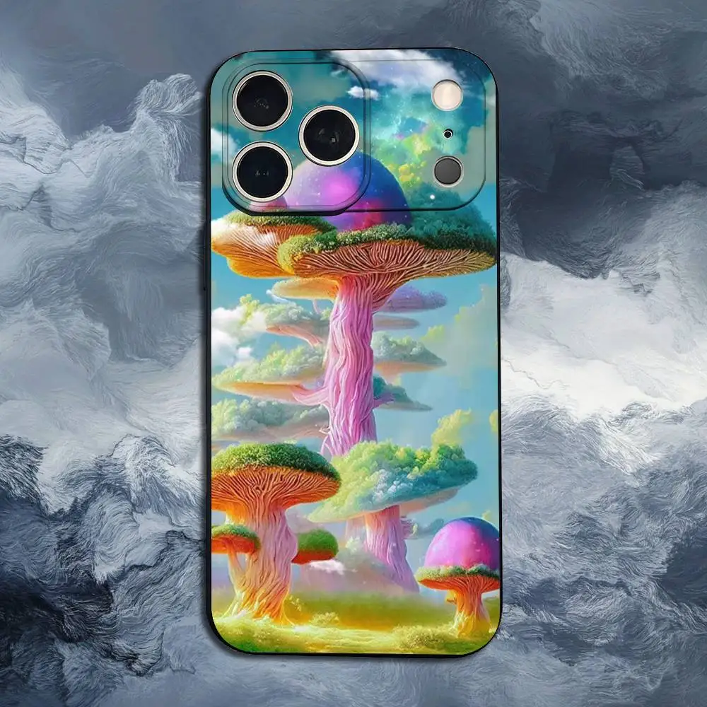 Cogumelo trippy de planta estranho para iPhone 8,7,11,12,15,14,13,16,17,Plus,Pro Max, XS, X, XR, SE, Mini, capa preta de silicone macio
