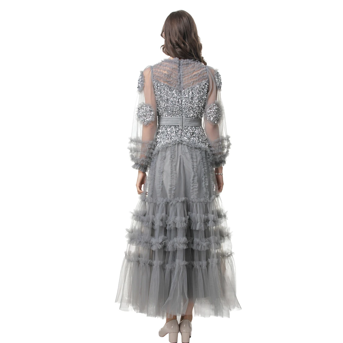Vestidos femininos o pescoço mangas compridas lantejoulas em camadas babados elegante em camadas designer festa de formatura vestido de noite