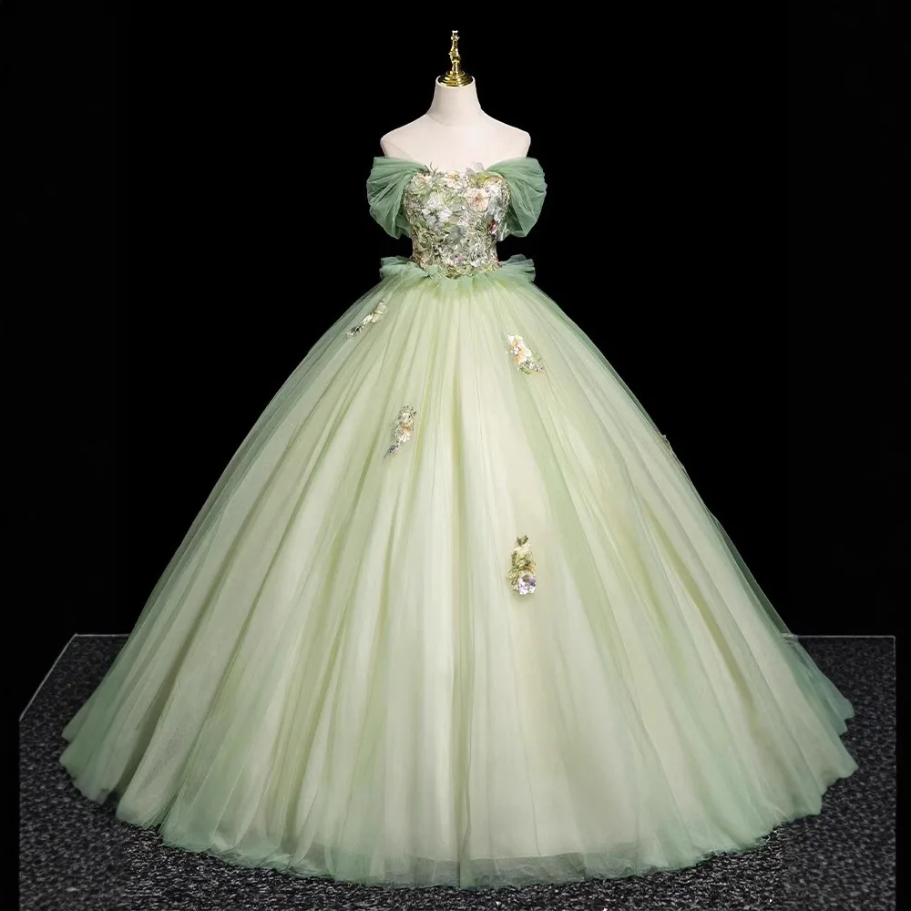 

Colorful Lace Appliques Sequins Tulle Quinceanera Dresses 2025 Off the Shoulder Ruffles Prom Evening Party Gown robes 15 Years