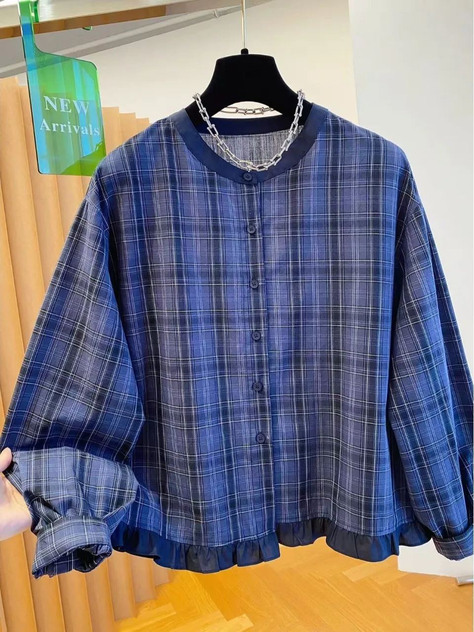 

Blue Plaid Casual irt Women's Loose Fit round Ne Button up Korean Sle Breathable Comfortable Long Sve Top
