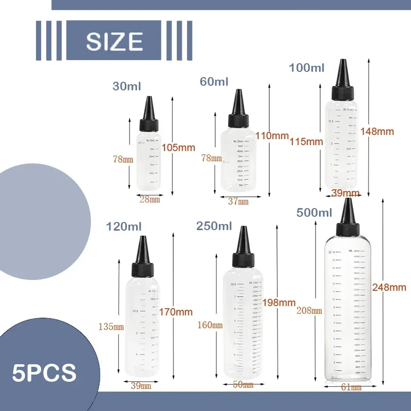 5 stks 30 ML-250 ML Lege PET Plastic Graduate Lijm Flessen met Schroef-Op Deksels Knijpbare Druppelaar Vloeibare Flessen voor Inkt Vloeibare Olie