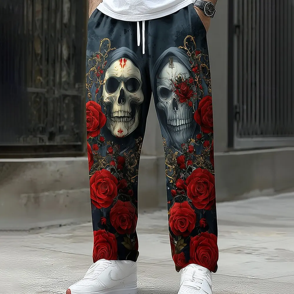 2026 Modische Herren-Hose mit Rosen-Totenkopf-Motiv, Baggy-Fit, Freizeithose, mittelhoher Bund, dunkler Gothic-Stil, elastischer Kordelzugbund, Herbst – Detail 3