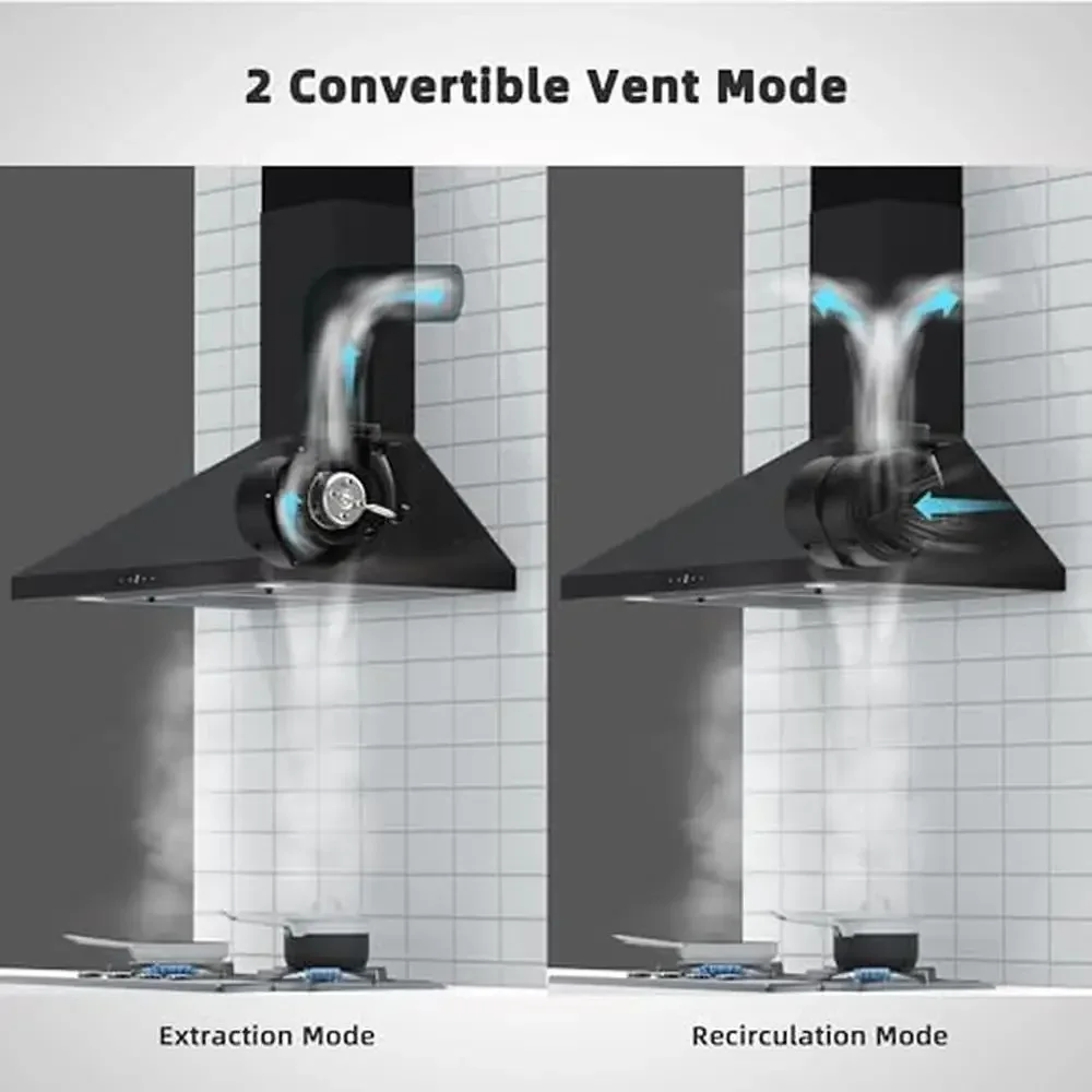 30" Black Convertible Wall Mount Range Hood Brushless Motor 450 CFM 9 Speed Fan Soft Touch Controls Ductless Option Energy