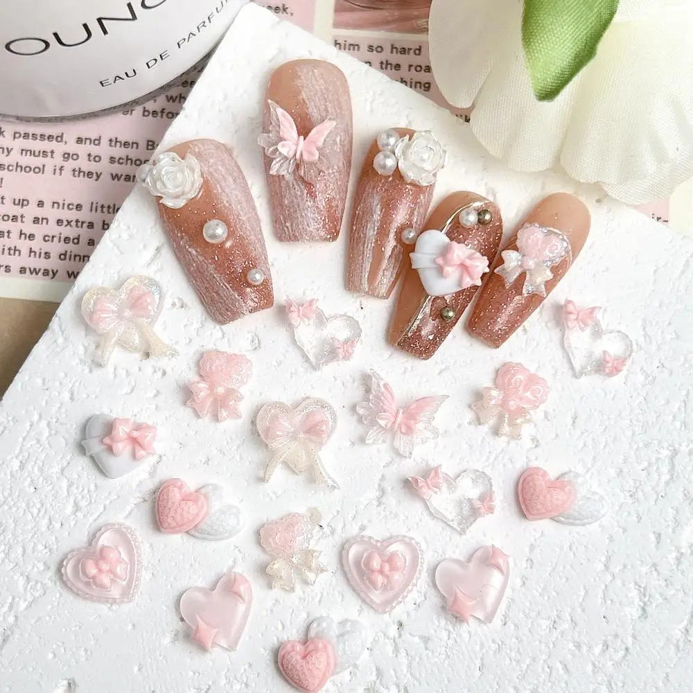 New Pink Series Bow Heart Resin Nail Charms 3D Luminous Double Butterfly Peach Heart Sweet Wind Nail Art Decorations DIY Nails