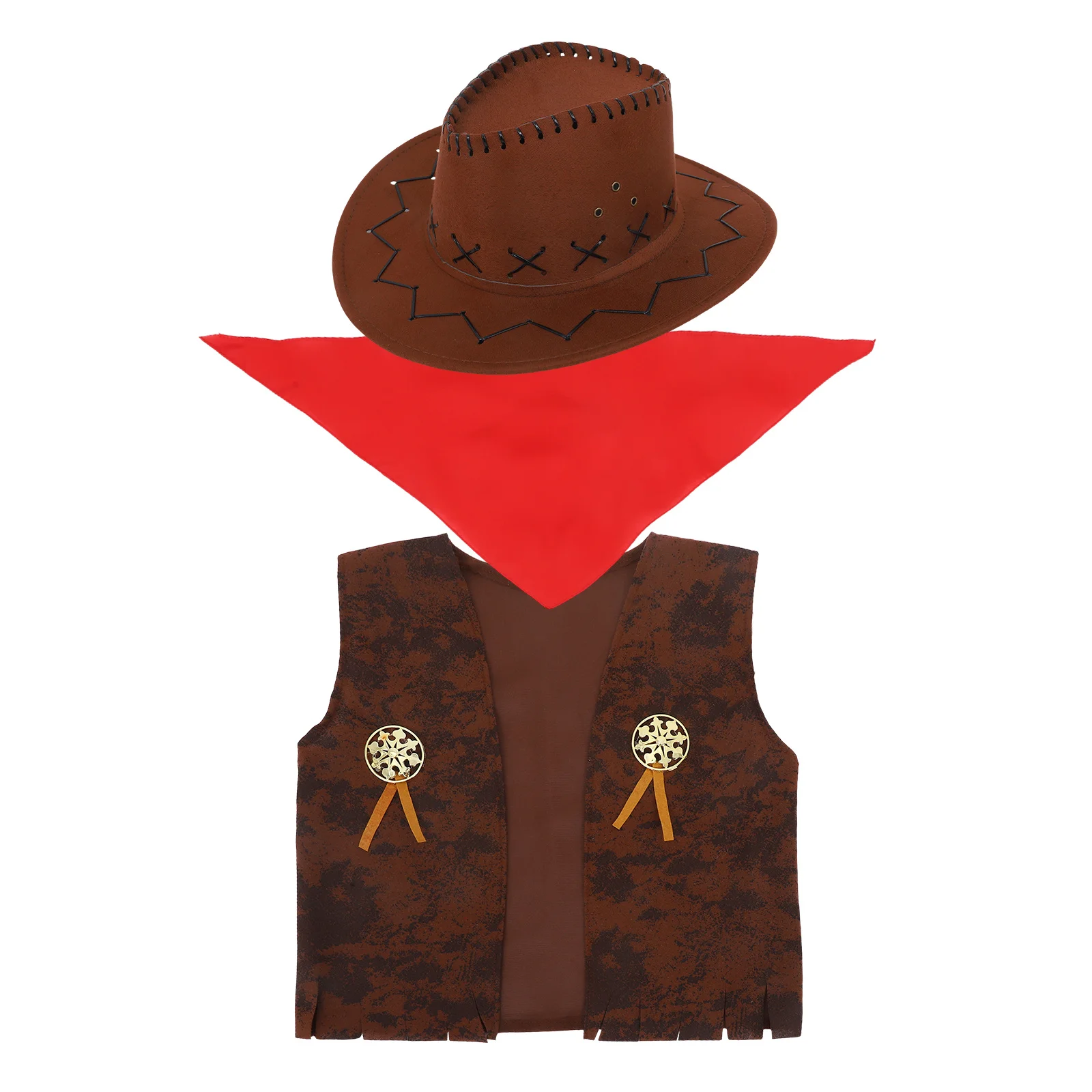 

Western Cowboy Costume Set Vest Hat Bandana Brown 115-130 Size Cowgirl Outfit Halloween Party Dress Up Cosplay