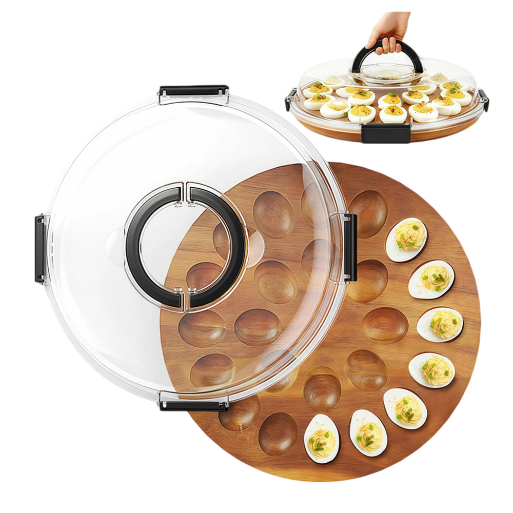 Contenedor para Huevos Rellenos con Tapa Transparente, Bandeja de Madera para Aperitivos y Frutas para Fiestas, Hogar y Cocina, Plato para Pastel de Queso, Barbacoa y Buffet