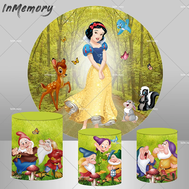 Cartoon Snow White Princess Birthday Round Circle Backdrop Cover Bambi Photo Background Seven dwarfs Pedestal Cylinder Covers