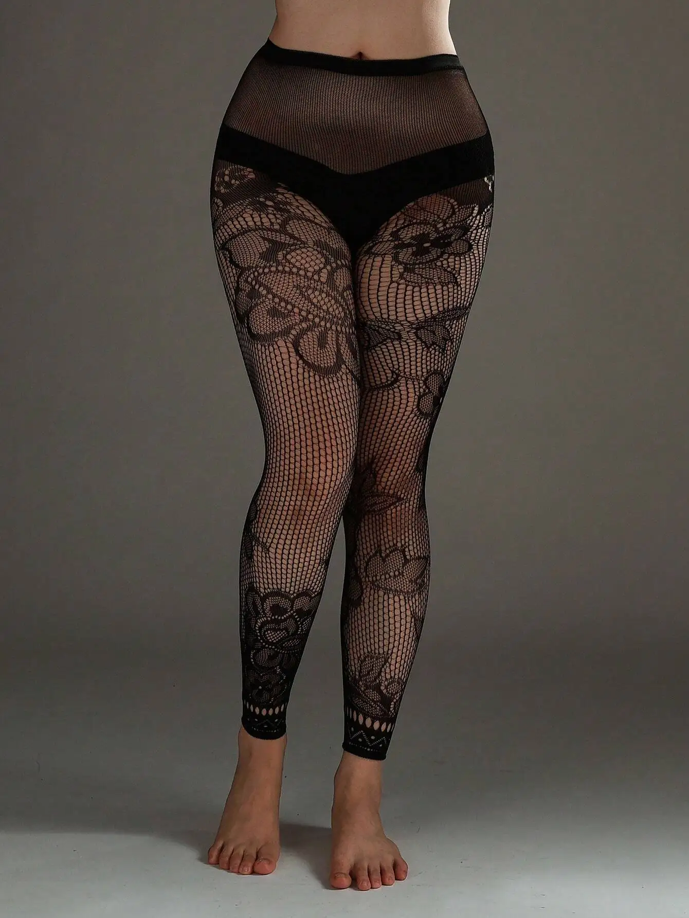 

Women's Black Floral Lace Fishnet Tights, High Elasticity Y2K Style, Medium Length for Fashion & Party