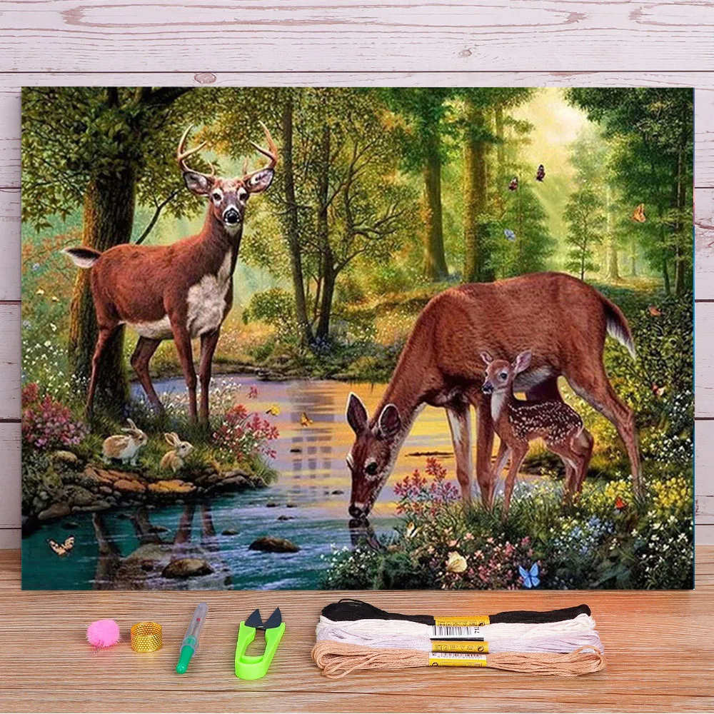 Landscape Animal Deer Printed Fabric 11CT Cross-Stitch Embroidery Kit DMC Threads Sewing Painting Handicraft Handmade Home