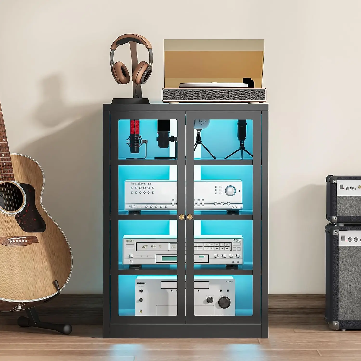 Metal Media Cabinet with 13-Color LED Lights, Stereo Cabinet with Glass Doors & Adjustable Shelves Audio AV Rack with Cable Mana