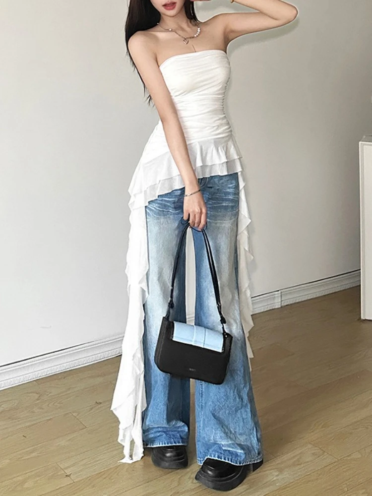 موضة صيف 2025 الجديدة للسيدات أنيقة على طراز فتاة حارة مثيرة بكتف واحد للتخسيس بدون أكمام وخصر علوي