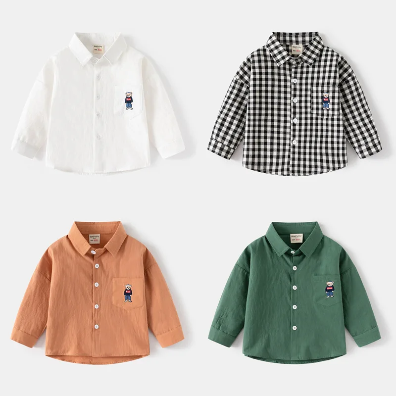 

2025 Spring Autumn Boys Long Sleeves Shirt Children Embroidery Little Bear Shirt Korean Version Style Baby Square Necked Blouse
