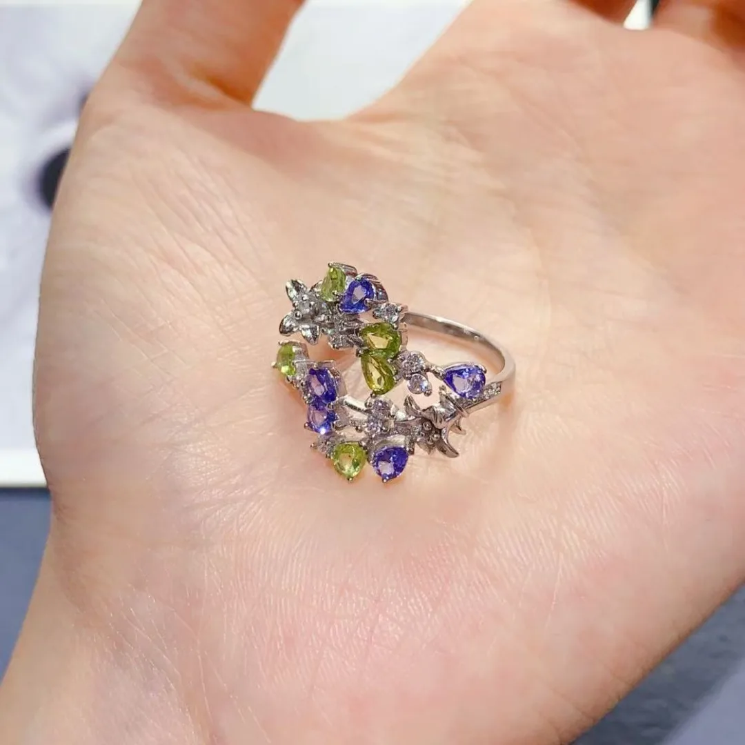Natural Tanzanite Olivine Ring S925 Sterling Silver Authentic Vivid Gemstone Romantic Anniversary Gift