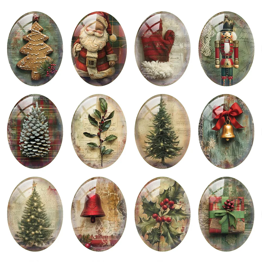 

10pcs/lot Christmas X-mas Tree Jingle Bell Santa Claus Candle Oval Photo Glass Cabochon Flatback Demo Cameo Diy Jewelry Making