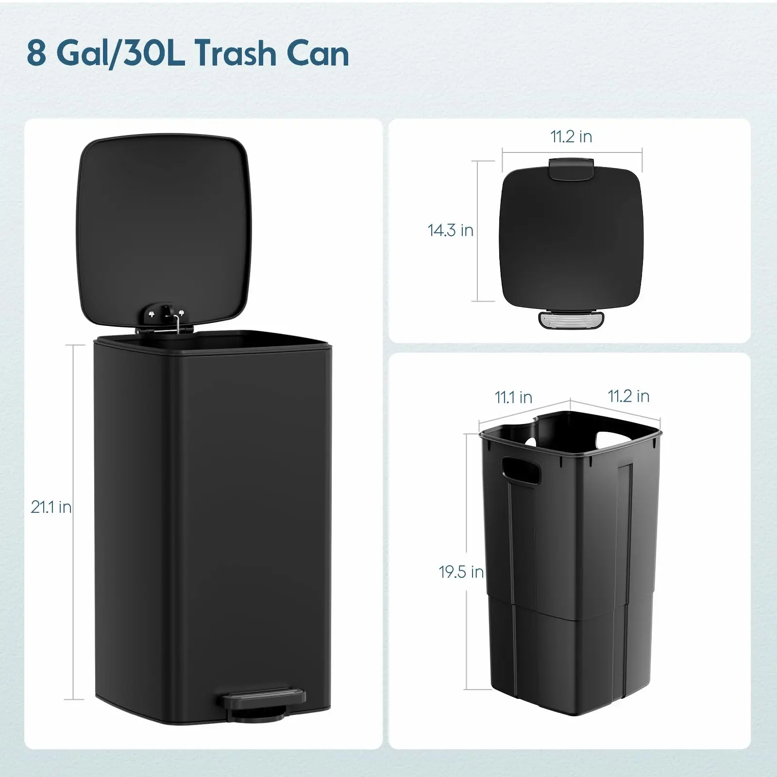 8 Gallon 30L Slim Square Stainless Steel Step Trash Can,Removable Inner Bucket for Easy Cleaning for Kitchen Office and Home Use