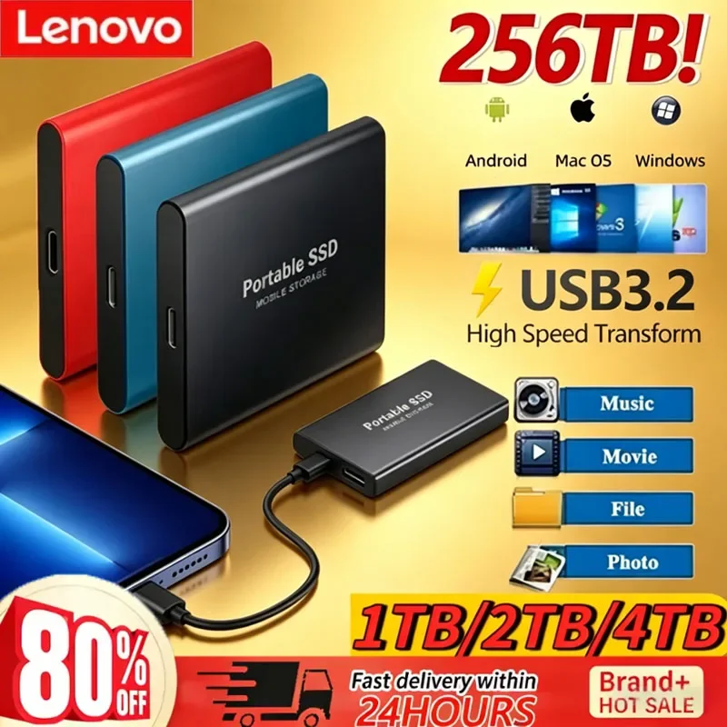 

Lenovo Solid State Disk 1TB External Hard Drive 2TB High Speed Hard Disk 256TB USB3.1 Portable SSD 128TB for Pc/Laptop/Mac/Phone
