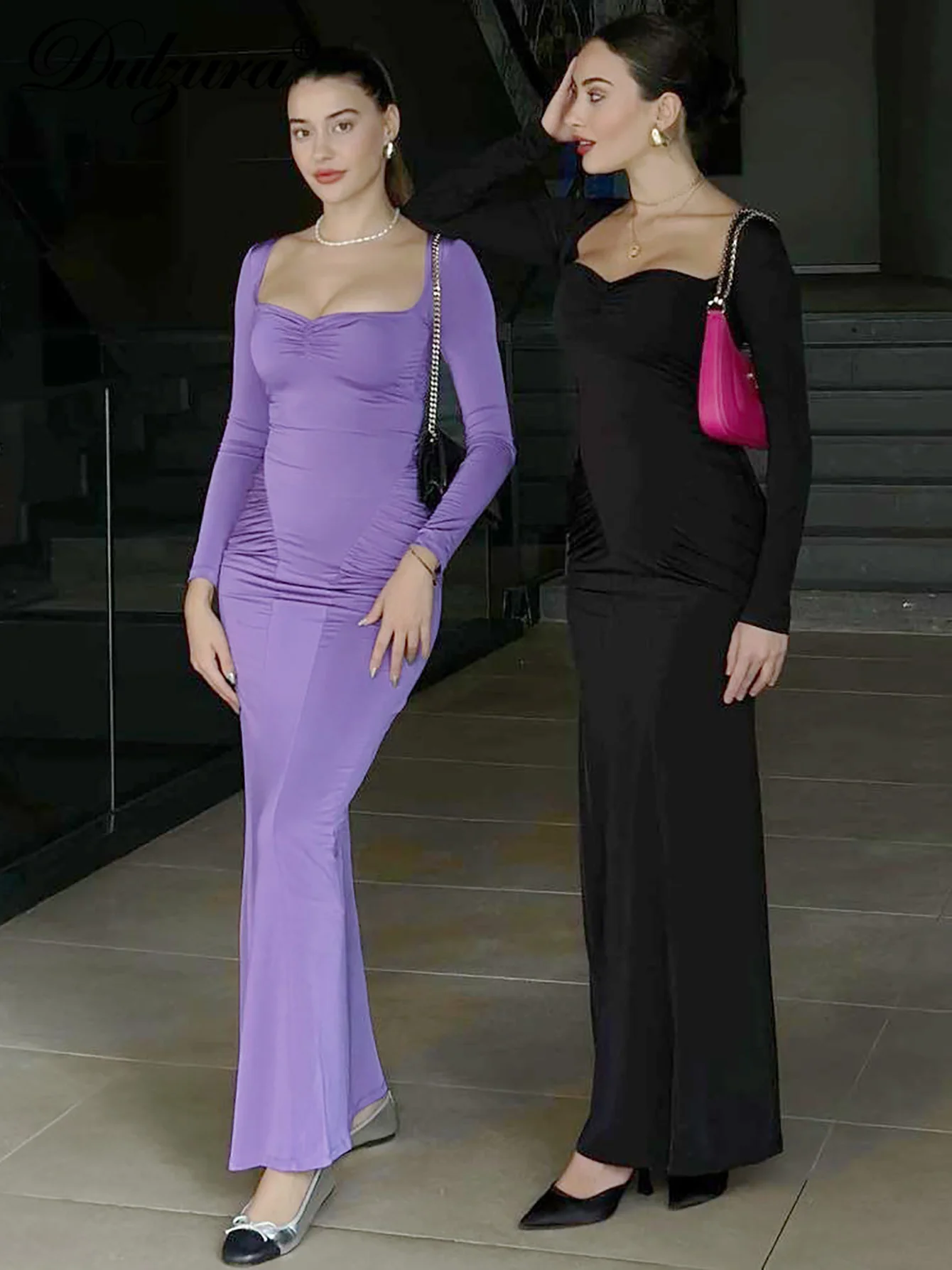 Dulzura เดรสยาวแขนยาวรัดรูปแต่งระบายสำหรับผู้หญิงเสื้อผ้าหรูหราเซ็กซี่เรียบง่ายสำหรับงานปาร์ตี้ตอนเย็นชุดงานพรอมฤดูใบไม้ร่วงฤดูหนาว