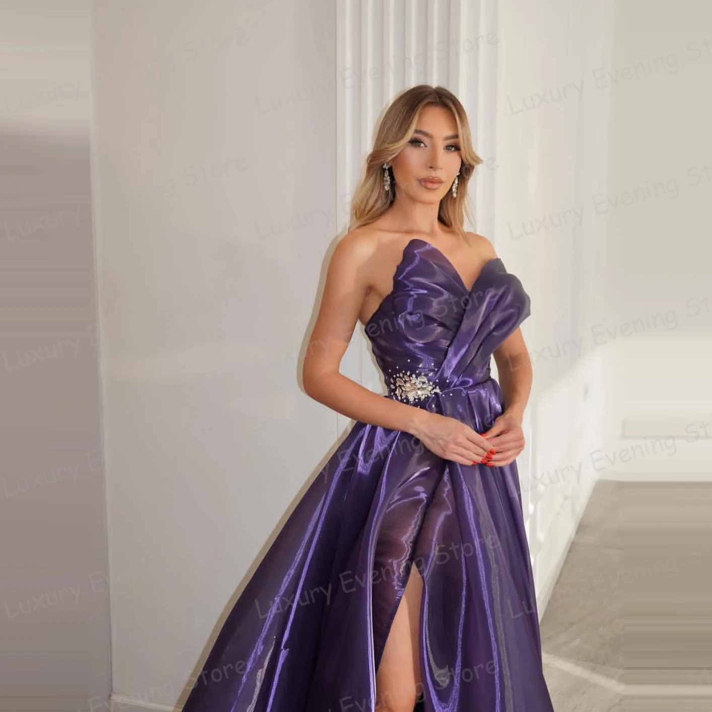 فساتين سهرة أرجوانية رشيقة للنساء على شكل حرف A مثيرة بفتحة جانبية للحفلات الراقصة موضة بدون ظهر فيستدوس دي نوفيا مخصصة #2