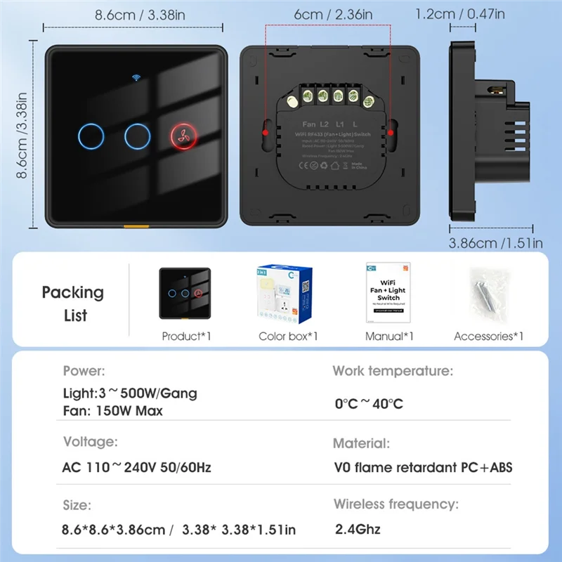 AD24 صوت توقيت مفتاح ذكي مروحة ضوء 2-Way RF433 التحكم عن بعد جدار اللمس التبديل تويا التطبيق الذكي أ