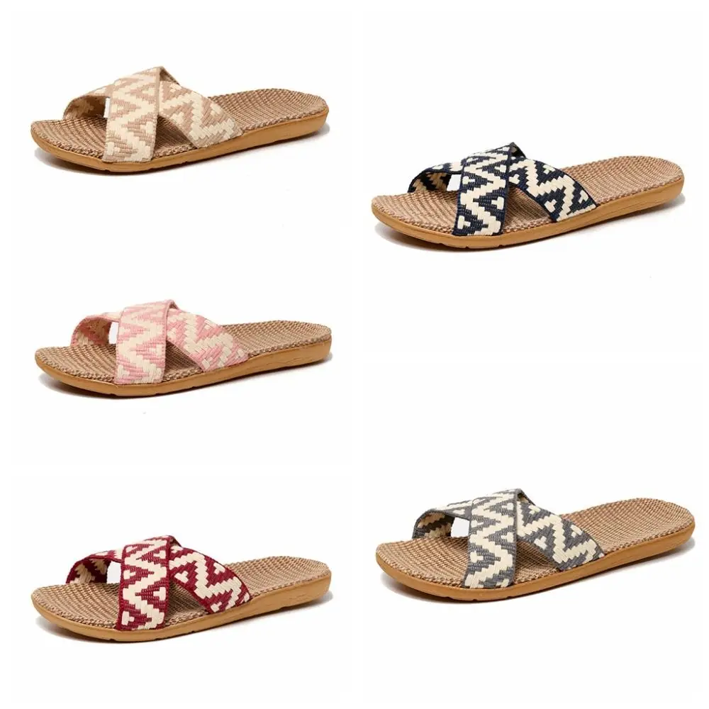 Fashion Ethnic Style Linen Cross Slippers Flax Soft Slides Sandals Non-Slip Shoes Slipper Women Men Indoor view 5