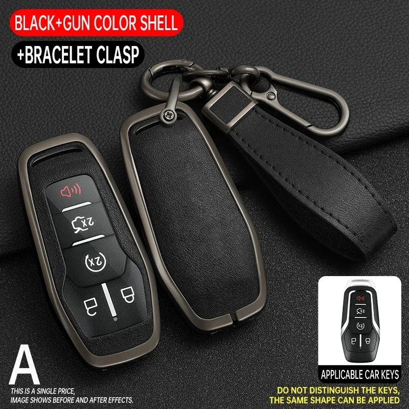 Zinc Alloy + Leather Car Key Case For Ford Mustang Fusion Explorer Edge F-150 Mondeo 2015 2016 2017 2018 For Lincoln MKZ MKC MKX
