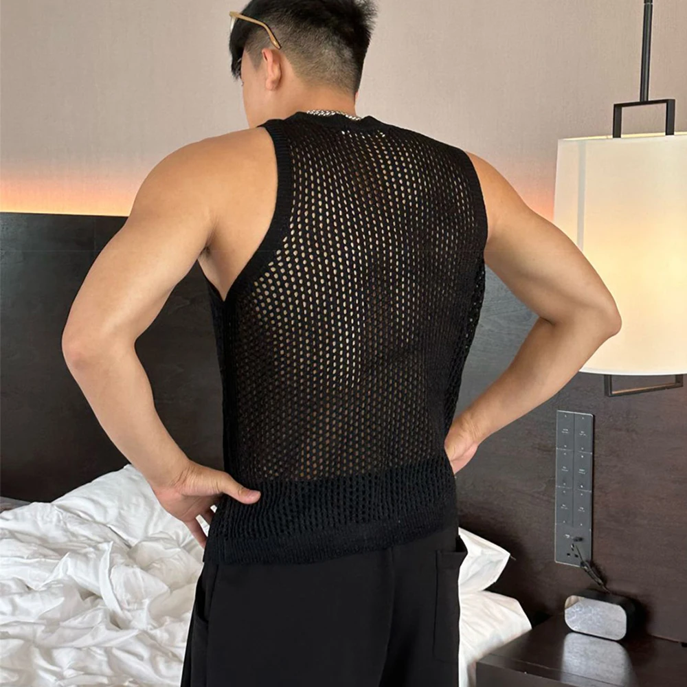 Mens Sexy Hollow Mesh Knitted Vest Genderless 2024 New Nightclub Niche Casual Solid Color Sleeveless Knitted Tank Top Unisex